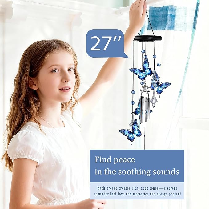 YU FENG Butterfly Memorial Wind Chime with Crystal Suncatcher – 27 Inch Outdoor Wind Chimes for Garden, Blue Butterfly Sympathy Gift for Loss of Loved One, Remembrance Decor for Yard, Patio, Mom