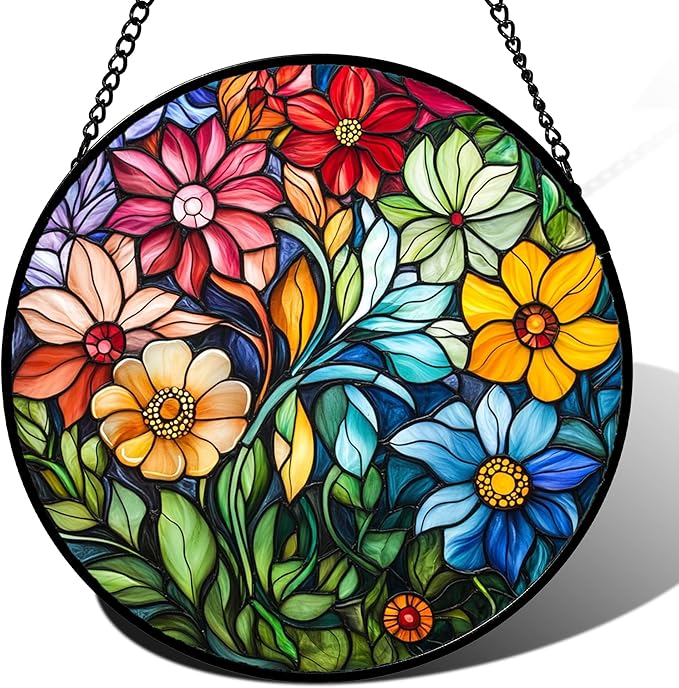 Stained Glass Window Hanging Colorful Flowers and Green Plants Large 15" - Suncatcher Door Garden Sun Catcher Home Decor Birthday Christmas for Mom Men Woman Nana Friend