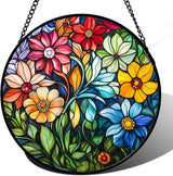 Stained Glass Window Hanging Colorful Flowers and Green Plants Large 15" - Suncatcher Door Garden Sun Catcher Home Decor Birthday Christmas for Mom Men Woman Nana Friend