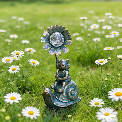 Solar Powered Frog on Snail Sculpture with Iron Flower & Glass Ball, Outdoor Garden Accent