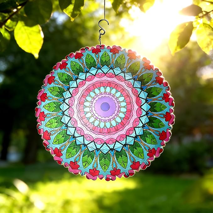 Mandala Metal Wind Spinner Outdoors - Large 12 Inch 3D & Indoor Hanging Decor, Garden & Yard Ornament | Unique Kinetic Sculpture Gift for Women, Boho Porch & Lawn Decor - Christmas Thanksgiving Gift