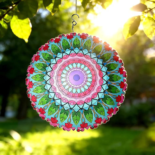 Mandala Metal Wind Spinner Outdoors - Large 12 Inch 3D & Indoor Hanging Decor, Garden & Yard Ornament | Unique Kinetic Sculpture Gift for Women, Boho Porch & Lawn Decor - Christmas Thanksgiving Gift