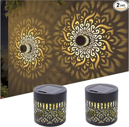 Decorative Solar Mandala Lights, Metal Solar Powered Waterproof Wall & Fence Lights for Garden, Patio, Backyard, Step & Post Decor with Mandala Design (2pcs,Warm Light)