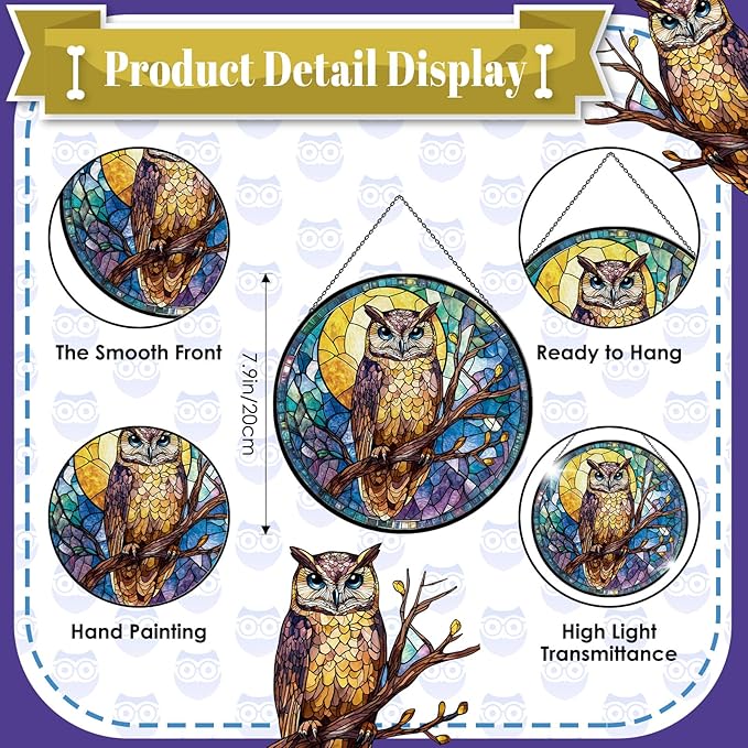 Owl Stained Glass Window Hanging, 7.9" Owl on a Branch Suncatcher for Window Doors Home Decoration, Owls Decor for Home, Mother's Day Christmas Birthday Gifts for Owls Lovers Women Men