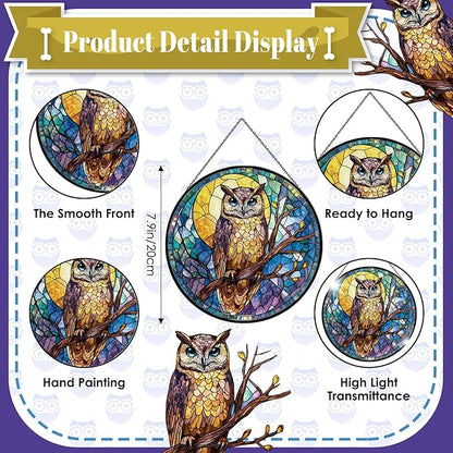 Owl Stained Glass Window Hanging, 7.9" Owl on a Branch Suncatcher for Window Doors Home Decoration, Owls Decor for Home, Mother's Day Christmas Birthday Gifts for Owls Lovers Women Men