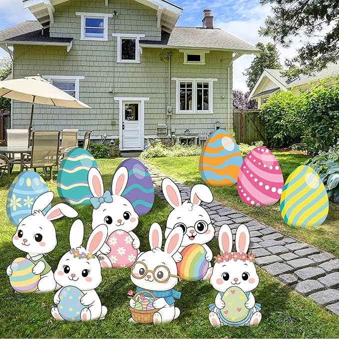 12-Piece Easter Bunny Yard Signs with Stakes Decorations – 6 Cute Rabbits & 6 Colorful Eggs 30 cm Large Outdoor Easter Lawn Signs for Garden, Driveway, Yard, and Spring Party Décor