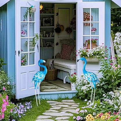 Metal Flamingo Statues, 2Pcs Blue Flamingo Yard Art Sculptures for Garden Home Patio Lawn Backyard Decorations