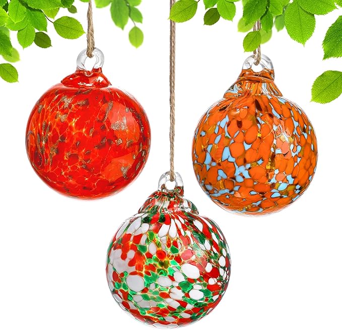 Set of 3 Hand Blown Glass Ball Ornament 2.3in Hanging Glass Gazing Balls Decor for Garden Patio