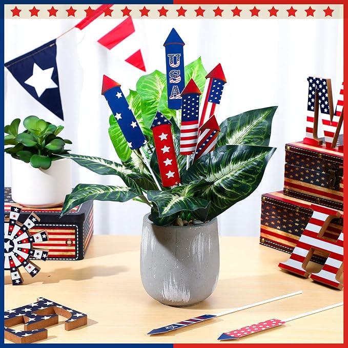 CroBlissful 8 Pcs 4th of July 250th Garden Stake Metal USA Flag Yard Sign Patriotic Decor for Independence Day Memorial Day Metal Plant Stick Outdoor Lawn Garden Home Yard Decorations(Rockets)