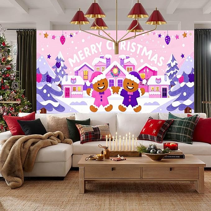 HOMETITUTE Christmas Garage Door Banner 13x6ft Pink House Gingerbread Man Backdrop with Purple Xmas Trees Snowflakes Star Lights Merry Xmas Sign Outdoor Yard Decoration