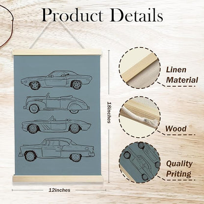 NQDWX Vintage Car Wood Poster Hanger - Baby Boy Nursery Decor & Toddler Boy Room Wall Art, 12x17 Inch Rustic Wooden Hanging Sign, Unique Gift for Car-Loving. (127)