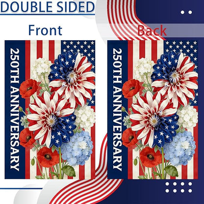250th Anniversary Garden Flag 12x18 Inch Double Sided, 4th of July Garden Flag with Colorful Flower Design, Red White Blue USA Flags, Garden Decoration for Independence Day, Summer Yard Decor