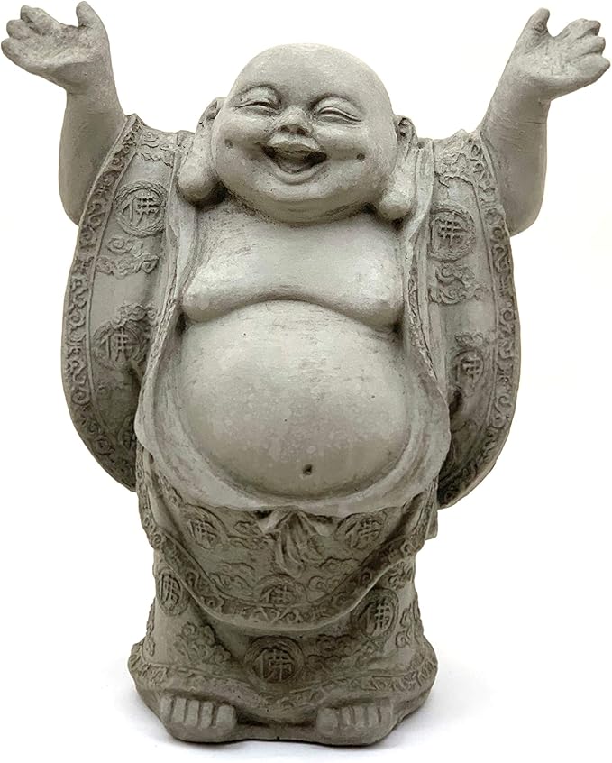 Super Happy Buddha Statue: Solid Durable Stone Statue w/Distressed Texture. Perfect Home Design & Sealed for Outdoor Use. Handcrafted USA. (Antique/Gray)