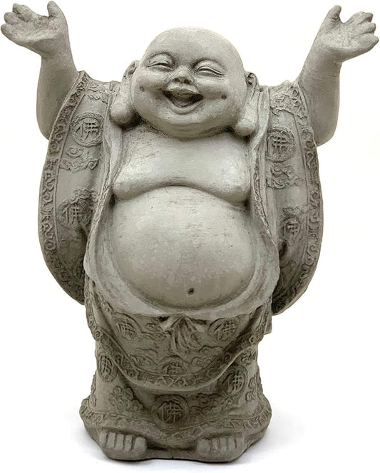 Super Happy Buddha Statue: Solid Durable Stone Statue w/Distressed Texture. Perfect Home Design & Sealed for Outdoor Use. Handcrafted USA. (Antique/Gray)