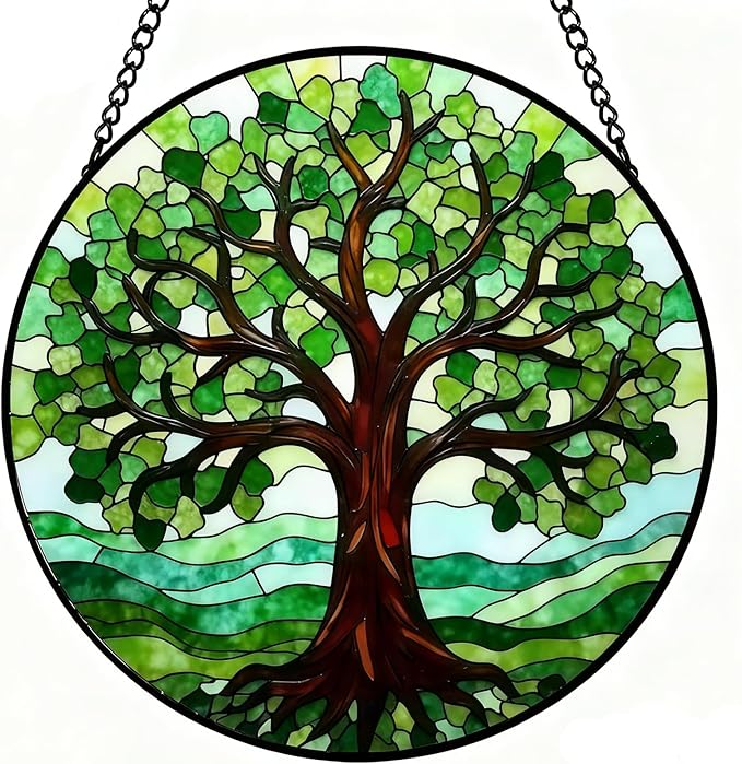 Tree of Life Suncatcher Stained Glass Window Hanging - 8 Inch Green Tree Suncatchers for Home Outdoor Garden Decoration - Sun Catchers Window Decor Panel - Mother's Day Birthday Gifts for Mom Grandma