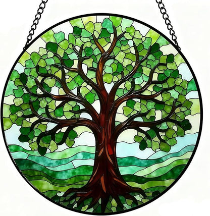 Tree of Life Suncatcher Stained Glass Window Hanging - 8 Inch Green Tree Suncatchers for Home Outdoor Garden Decoration - Sun Catchers Window Decor Panel - Mother's Day Birthday Gifts for Mom Grandma