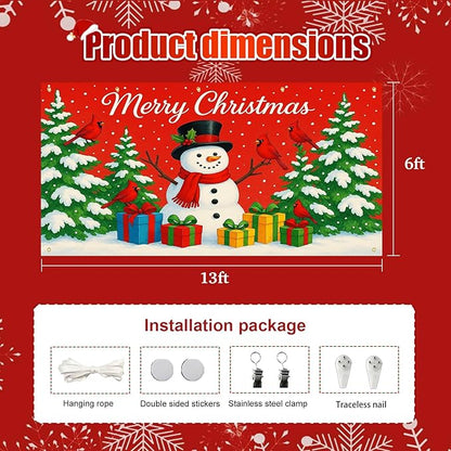 HOMETITUTE Merry Christmas Garage Door Banner 13x6ft Festive Backdrop Cheerful Snowman with Colorful Gifts Photo Prop Background for Joyful Holiday Yard Outdoor Winter Scene Display