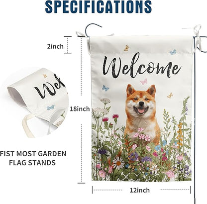 Spring Summer Garden Flag Floral Shiba Inu Yard Flag Flower Dog Garden Flags for Outside Small Outdoor Welcome Flags 12x18 Double Sided