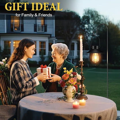 pearlstar 2 Pack Solar Lights Outdoor, Hanging Solar Lanterns with Edison Bulb and 2 x 32 Inch Shepherd Hooks, Waterproof Landscape Lighting for Garden Patio Yard Pathway Driveway Lawn (Black)