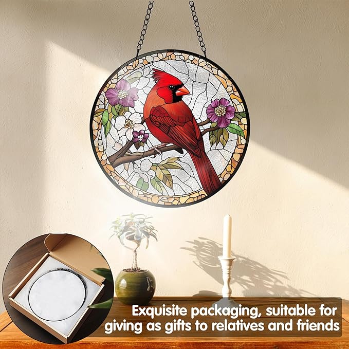 VAIIEYO Cardinal Bird Sun Catcher Stained Glass Window Hanging Ornament, Handmade Sun Catcher Animal Bird Decoration with Hooks for Window Garden Home,Christmas & Birthday Housewarming Gift (7.8 inch)