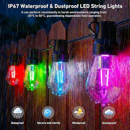 Outdoor String Lights,200FT Smart RGB+IC Patio Lights with Shatterproof LED Bulbs ,Outside Light Dimmable Patio for Decor DIY IP67 Waterproof ,Courtyard, garden,Holiday,LED lights more Scene Modes