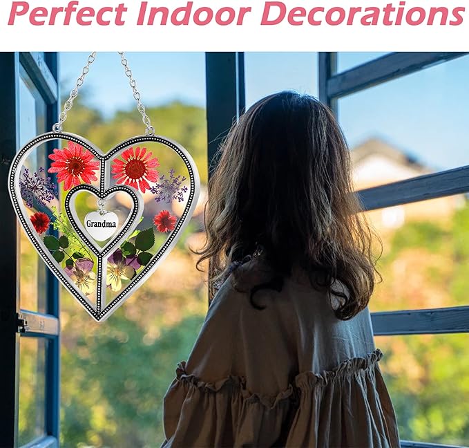 KY&BOSAM Grandma Heart Suncatcher Grandma Gifts Staiend Glass Wind Chimes for Outside Pressed Flower Colorful Heart Suncatchers Outdoor for Garden Windows Indoor Home Trees Patio Yard Porch Decor
