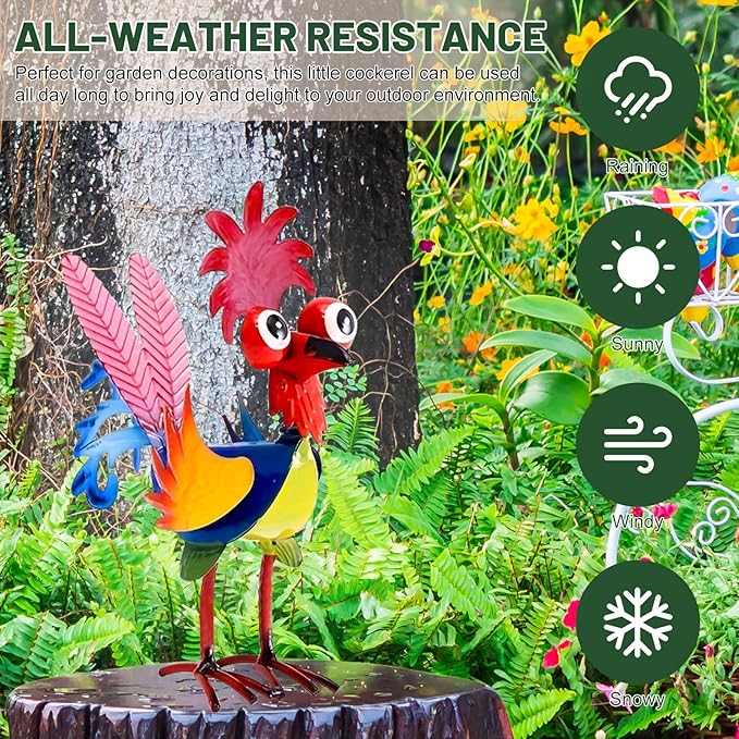 Metal Yard Art Rooster Decor, Garden Rooster Statues Sculpture, Garden Metal Statue Outdoor Decor Yard Art Chicken Decoration for Home Patio Lawn Backyard Farmhouse Kitchen (Blue)
