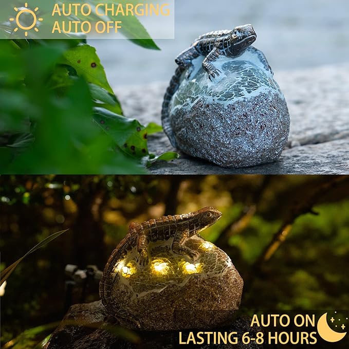 Rezpuao Garden Statue Lizard,Solar Lizard Decor for Outdoor,Resin Lizards Figurine with Solar Light for Patio,Balcony,Yard,Lawn Ornament,Perfect Garden Gift