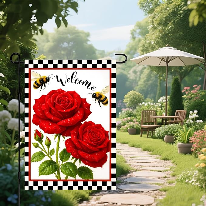 IVN Welcome Garden Flag 12x18 Inch Double Sided Spring Summer Garden Yard Flags Red Rose Flowers Bees Decorative Small Flags for Outdoor Seasonal Front Door Lawn Porch Patio Decor Yard Flag