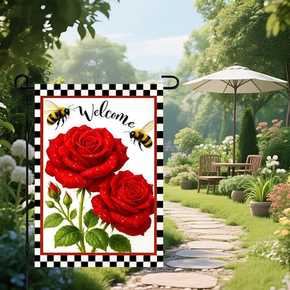 IVN Welcome Garden Flag 12x18 Inch Double Sided Spring Summer Garden Yard Flags Red Rose Flowers Bees Decorative Small Flags for Outdoor Seasonal Front Door Lawn Porch Patio Decor Yard Flag