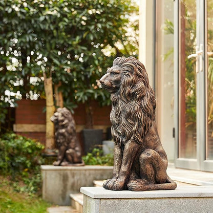 Glitzhome Guardian Sitting Lion Statue Regal Indoor and Outdoor Garden Sculpture for Home Entrance Porch and Yard, 27.75" H, Bronze