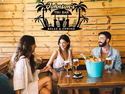 Custom Tiki Bar Sign, Personalized Metal for Backyard, Patio, Tiki Lounge, Beach, Swimming Pool, Party Metal Wall Decor, Rustic Round Engraved Signs Wall Hanging Sign