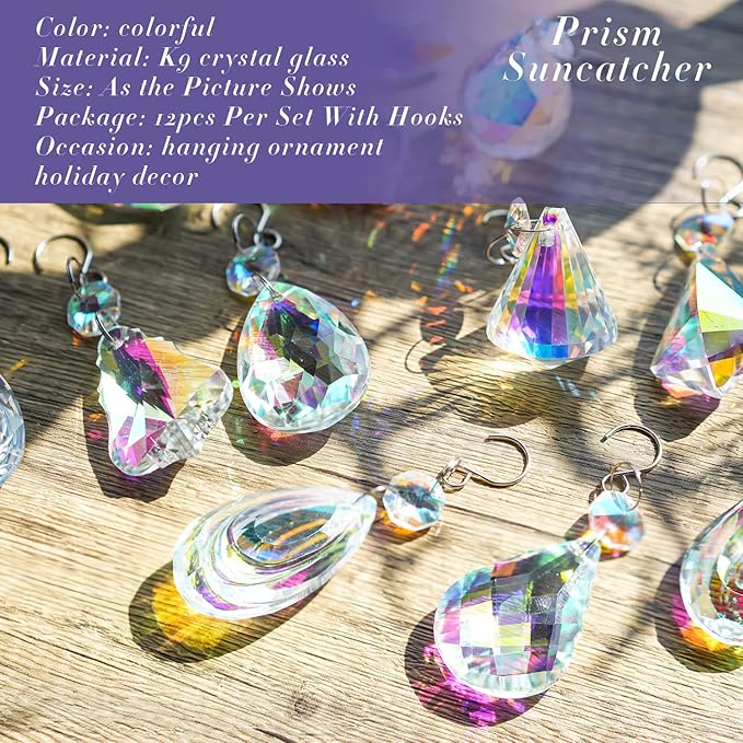 KANPURA 12 Pcs Crystal Sun Catcher, Hanging Ornament Crystals Prism Rainbow Maker for Home,Office,Garden Christams Decoration(Colorful)