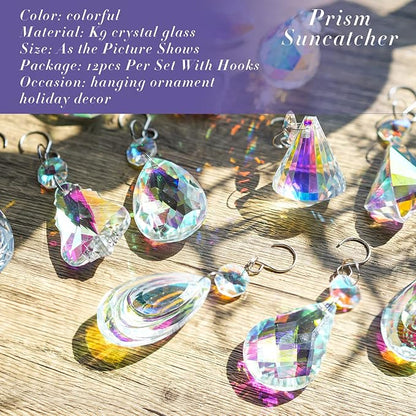 KANPURA 12 Pcs Crystal Sun Catcher, Hanging Ornament Crystals Prism Rainbow Maker for Home,Office,Garden Christams Decoration(Colorful)