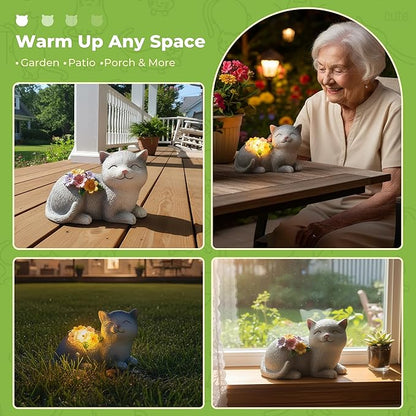 Solar Cat Garden Statue for Mom & Women, Unique Mom Gifts for Christmas, Cute Outdoor Yard Art & Patio Decorations for Grandma & Mother in Law