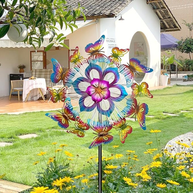 Solar 45" Butterfly Garden Wind Spinner, Metal Clearance Windmill Kinetic Spinner Outdoor Decor, Wind Sculpture Yard Art Decorations for Patio, Lawn & Garden