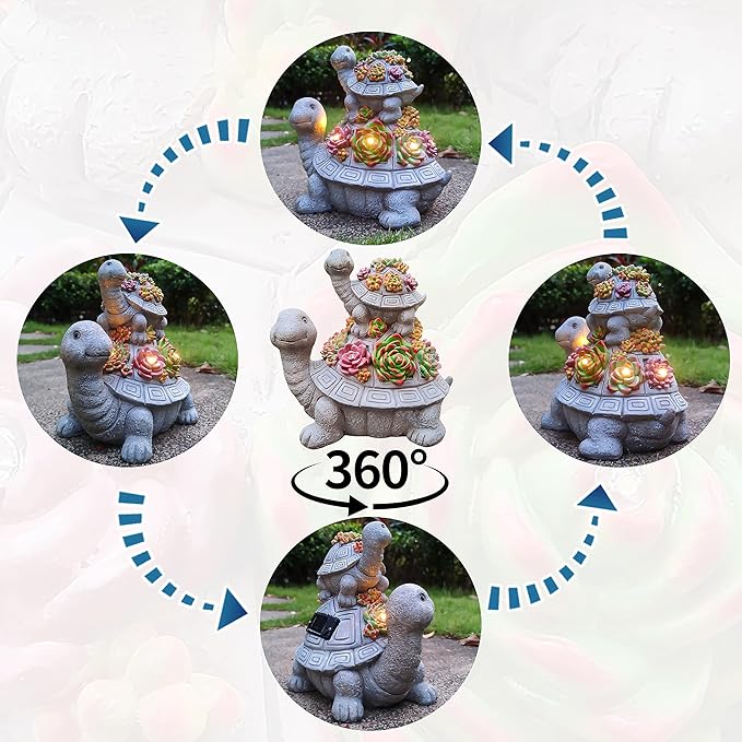 Solar Turtle Garden Outdoor Statues with Succulent and 7 LED Lights, Lawn Decor Tortoise Statue for Patio, Balcony Outdoor Figurines Solar Light， Unique Birthday Gifts for Mom,