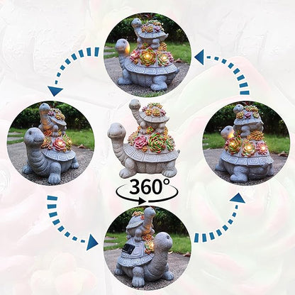 Solar Turtle Garden Outdoor Statues with Succulent and 7 LED Lights, Lawn Decor Tortoise Statue for Patio, Balcony Outdoor Figurines Solar Light， Unique Birthday Gifts for Mom,