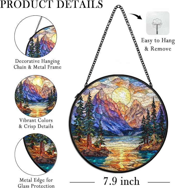 Mountain Forest Sunrise Suncatcher Stained Glass Window Hanging Decor, Camping Nature Landscape Stained Glass Wall Decor, Mountain Garden Sun Catchers Indoor Window Hanging Wall Art, 7.9x7.9In