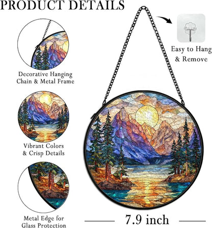 Mountain Forest Sunrise Suncatcher Stained Glass Window Hanging Decor, Camping Nature Landscape Stained Glass Wall Decor, Mountain Garden Sun Catchers Indoor Window Hanging Wall Art, 7.9x7.9In