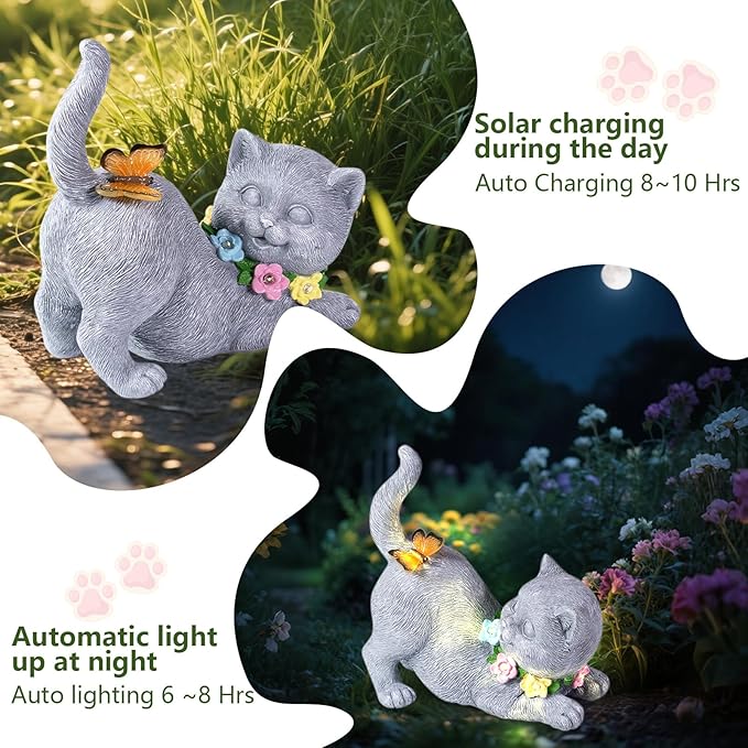 Solar Garden Statue Cat Figurine, Resin Solar Lights with Flower Decor for Outside, Yard Art Patio Balcony Lawn Decorations, Unique Gifts for Mom Grandma Women and Cat Lover (Gray)