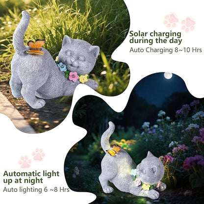 Solar Garden Statue Cat Figurine, Resin Solar Lights with Flower Decor for Outside, Yard Art Patio Balcony Lawn Decorations, Unique Gifts for Mom Grandma Women and Cat Lover (Gray)