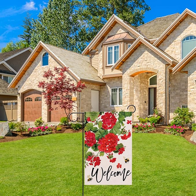 Welcome Spring Geranium Decorative Garden Flag, Red Floral Flowers Bee Yard Outside Decorations, Summer Farmhouse Outdoor Small Home Decor Double Sided 12 x 18