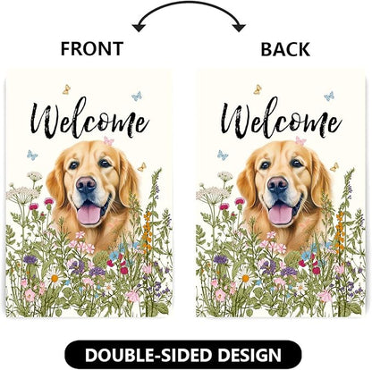 Floral Golden Retriever Garden Flag Spring Summer House Flags 28 x 40 Double Sided Flower Dog Yard Flags for Outside Large Outdoor Welcome Flags