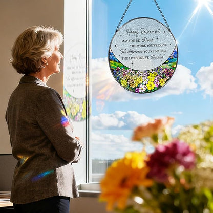 8” Stained Glass Suncatcher Ornament – Floral Retirement Window Hanging Decorations, Retirement Gifts & Retired Gifts for Women, Men, Friends, Coworkers, Teachers - Style I