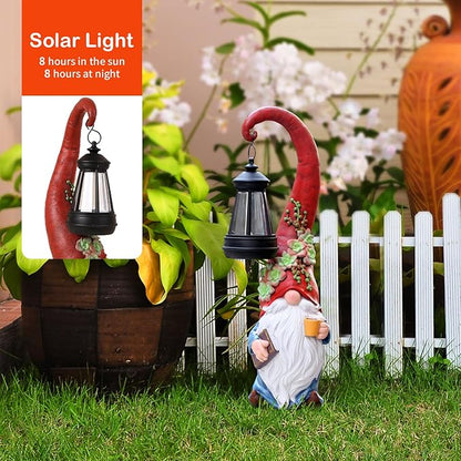 Coffee Gnome Garden Decor Statue Solar-Powered Gnome Ornament Lantern-Lit Courtyard Decoration Birthday Gift for Mom on the Patio