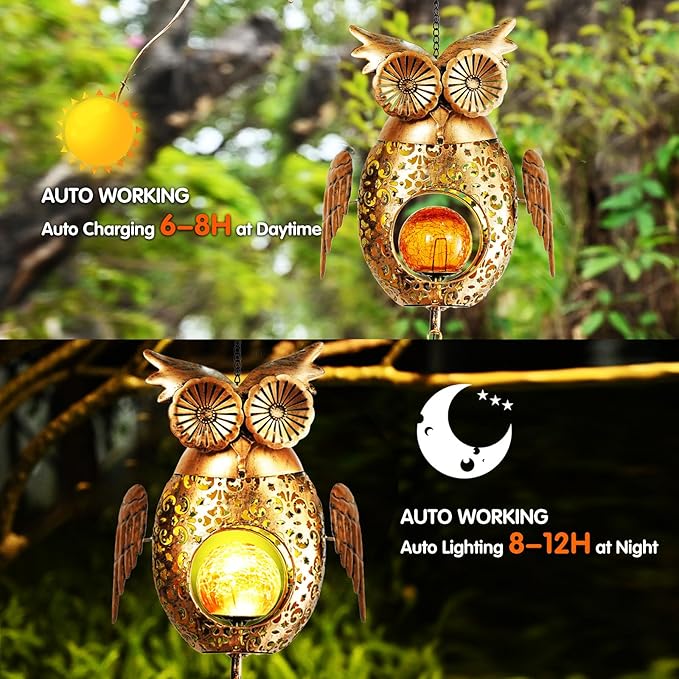 Solar Owl Wind Chimes Outdoor, Waterproof Sun Wind Bells Light with Crackle Glass Ball for Outside, Clearance Unique Gifts for Mother's Day, Birthday, Women, Girls, Garden Decor
