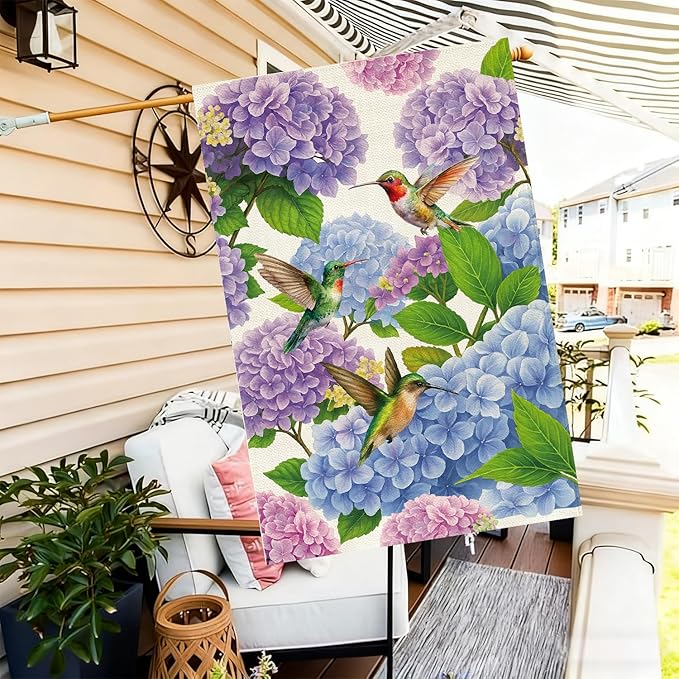 Baccessor Spring Summer Hydrangea House Flag 28 x 40 Inch Double Sided Burlap Flower Green Leaf Farmhouse Large Yard Flag Summer Holiday Seasonal Outdoor Outside Decoration