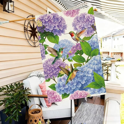 Baccessor Spring Summer Hydrangea House Flag 28 x 40 Inch Double Sided Burlap Flower Green Leaf Farmhouse Large Yard Flag Summer Holiday Seasonal Outdoor Outside Decoration