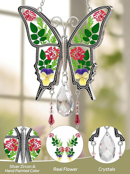 KY&BOSAM Butterfly Suncatcher Crystal Stained Glass for Windows Hangings Wind Chaim with Pressed Flower and Metal Heart Charm Mother`s Day Gifts for Mom from Daughter Son Christmas Birthday Décor